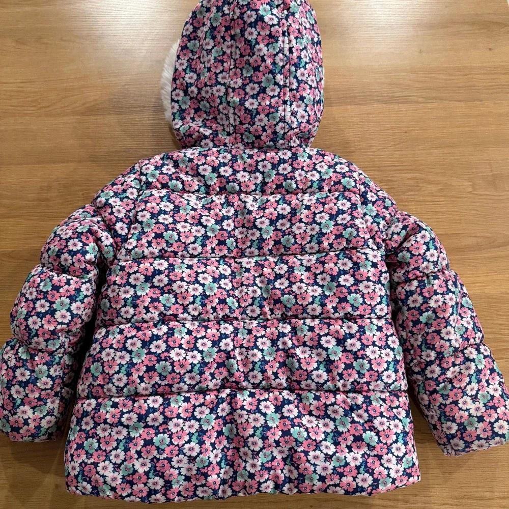 Carter's Girls 4T Floral Puffer Jacket Pink Blue Hooded Fleece Lined Winter Coat